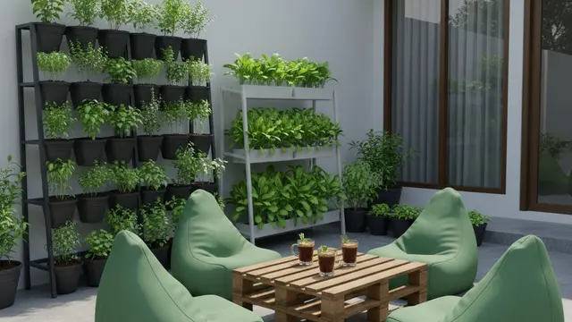 Teras Rumah Nyaman untuk Ngopi dengan View Kebun Hijau. AI