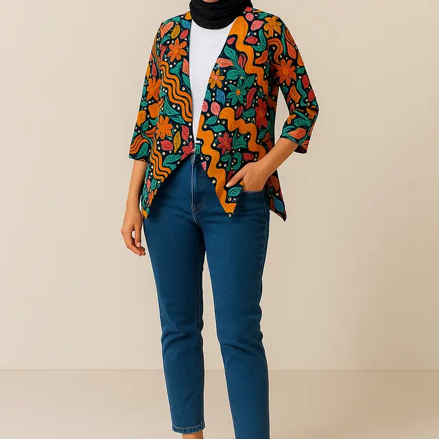 Model Cardigan Batik Asimetris/Ilustrasi Gambar AI