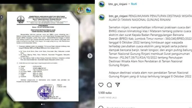 Kawasan Wisata Gunung Rinjani Sebagian Ditutup sampai Maret 2023
