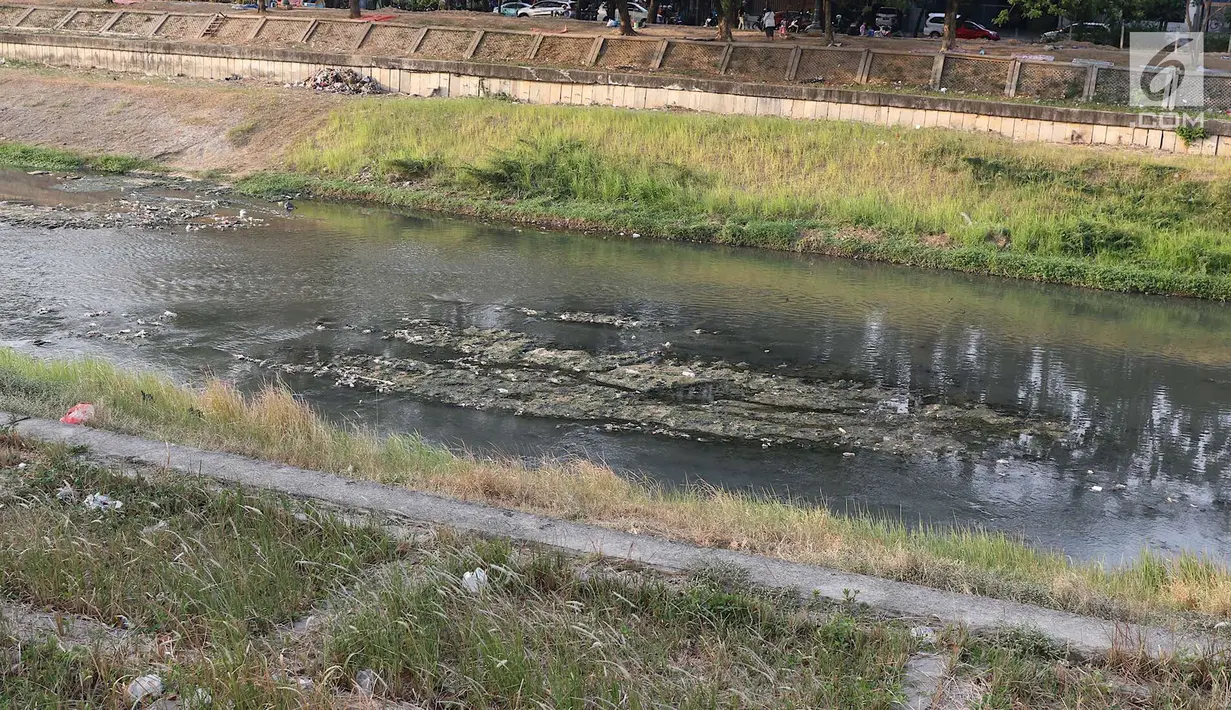 Sampah dan lumpur muncul ke permukaan di aliran Kanal Banjir Timur yang surut di Jakarta, Selasa (9/10). Berkurangnya debit air akibat musim kemarau menyebabkan sampah yang mengendap tampak ke permukaan. (Liputan6.com/Immanuel Antonius)