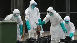 Seorang petugas membuang ayam mati ke plastik hitam sampah di sebuah pasar di Hong Kong, (7/6).  Pihak berwenang memutuskan untuk menangguhkan perdagangan unggas hidup setelah pemeriksaan menunjukkan adanya virus flu burung H7N9. (REUTERS/Bobby Yip)