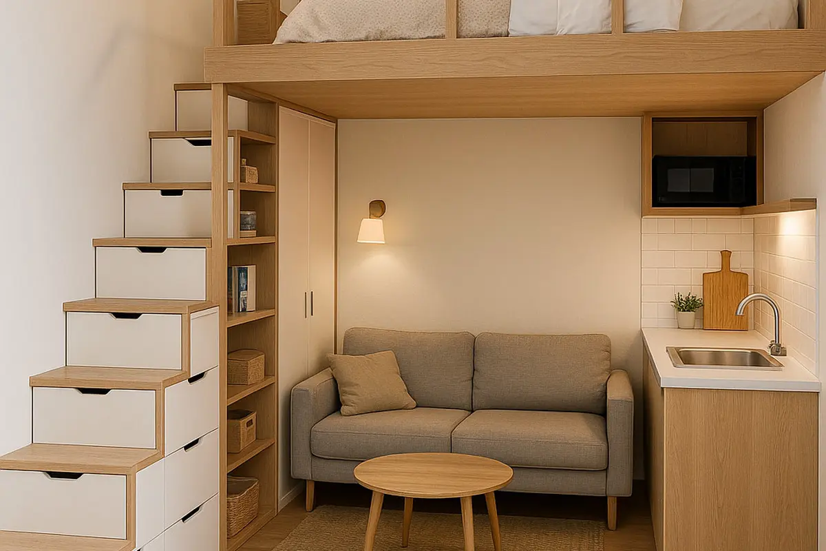 Model Interior Ruang Kecil Apartemen dengan Kamar Mezanine (Image by ChatGPT)