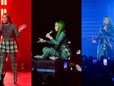 Foto kolase Nicki Minaj saat tampil di atas panggung Powerhouse NYC di Newark, New Jersey pada 29 Oktober 2022. (Roy Rochlin/Getty Images untuk iHeartRadio/AFP)