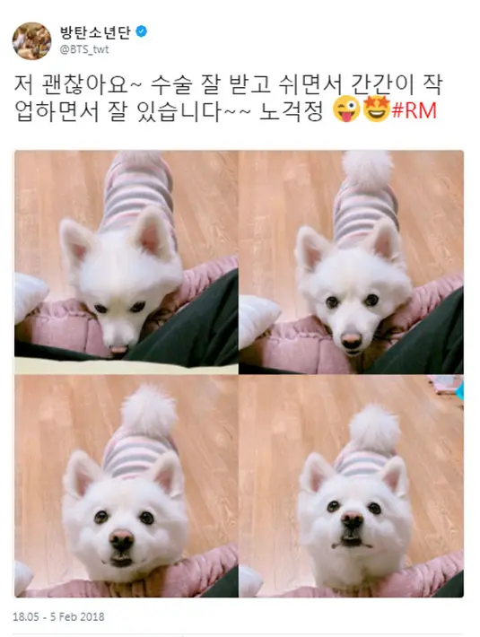 "Aku baik-baik saja. Operasiku berjalan lancar. Aku kadang-kadang membuat musik sambil istirahat. Jangan khawatir," kicaunya. (Foto: twitter.com/BTS_twt)