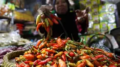 Pedagang menata cabai rawit dagangannya di pasar Cibubur, Jakarta, Rabu (6/12/2023). (Liputan6.com/Herman Zakharia)