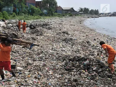 Petugas dari Dinas Lingkungan Hidup Kepulauan Seribu saat mengangkut hamparan sampah yang mengepung pesisir Cilincing, Jakarta Utara, Rabu (28/3). (Merdeka.com/Iqbal S. Nugroho)