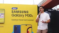 Irfan Rinaldi, Product Marketing Manager Samsung Electronics Indonesia saat mengumumkan Samsung Galaxy M30s. (Liputan6.com/ Keenan Pasha)