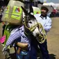 Seorang pria membawa keledainya yang dihias saat mengikuti National Donkey Fair di Otumba, Meksiko (1/5). Acara tahunan ini diikuti sekitar 7.000 orang. (AFP Photo/Pedro Pardo)