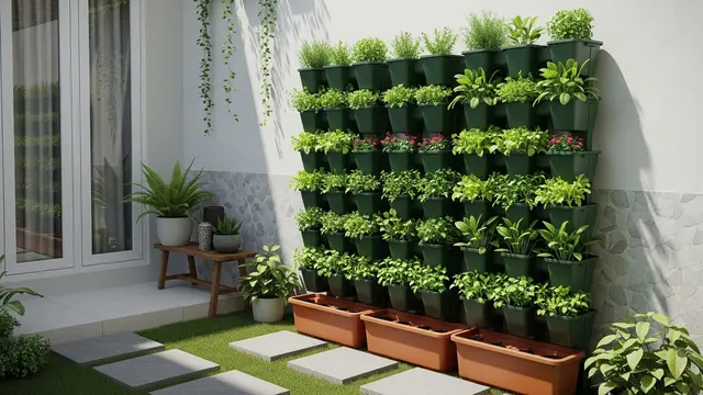 Model Desain Halaman Belakang Rumah Kecil dengan Pot Gantung Sayur dan Tanaman Rempah/ Ilustrasi AI