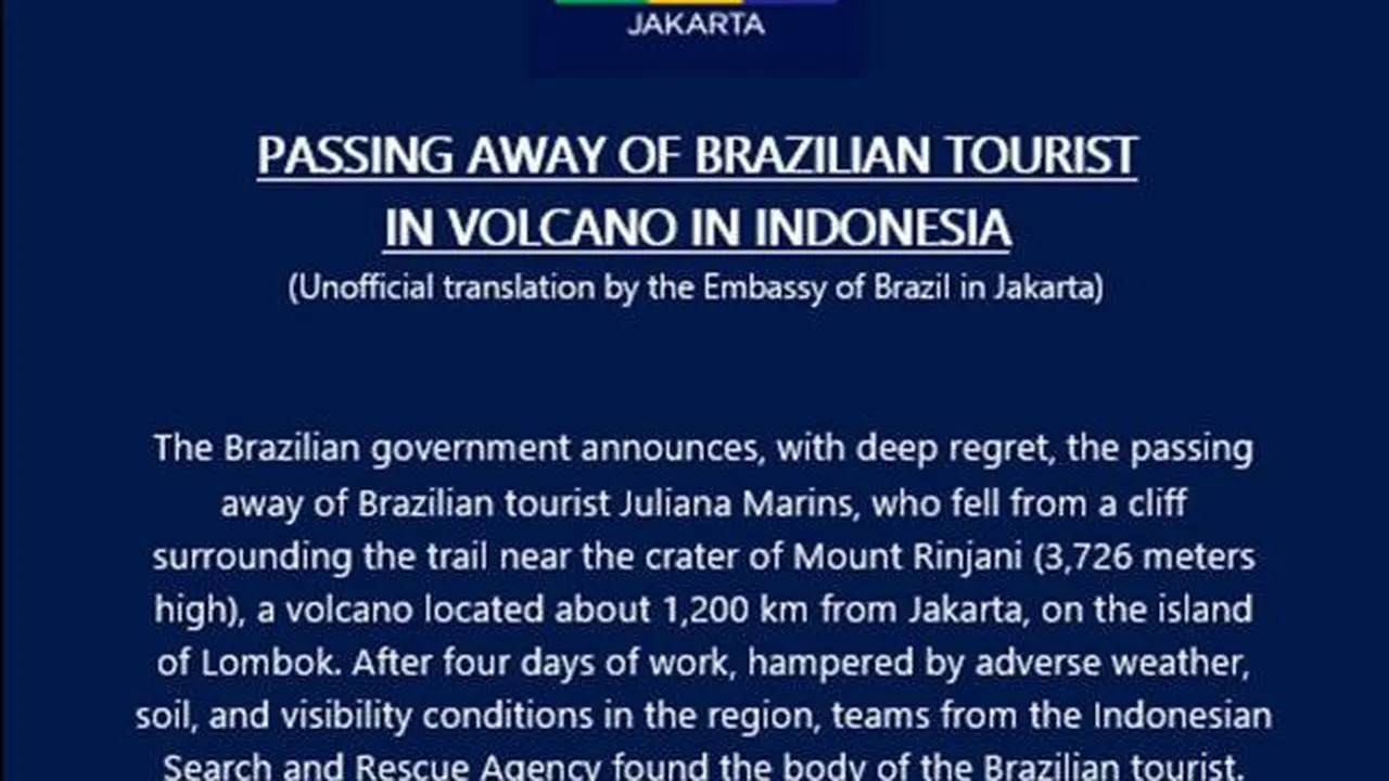 Ucapan dukacita Kedutaan Brasil di Jakarta soal turis Brasil jatuh di Gunung Rinjani. (Instagram @brasembjacarta)