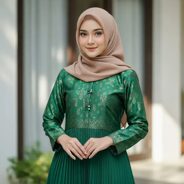 Gamis Hijau Zamrud Kombinasi Batik dan Hijab Nude Trend 2025