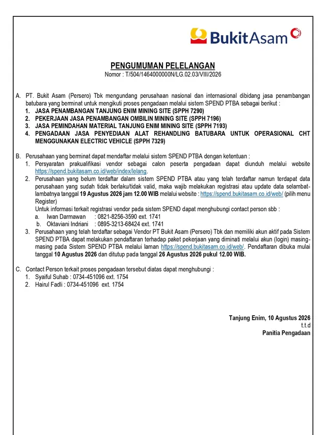 PT Bukit Asam Buka Lelang 4 Proyek Jasa Penambangan, Cek Detailnya