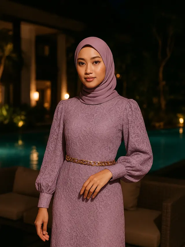 Gamis Brokat Lengan Balon Warna Lilac