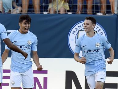 Gelandang Manchester City, Brahim Diaz, melakukan selebrasi usai mencetak gol ke gawang Tottenham Hotspur pada laga ICC 2017 di Stadion Nissan, Nashville, AS (29/7/2017). Manchester City menang 3-0 atas Tottenham Hotspur. (AP/Mark Zaleski)
