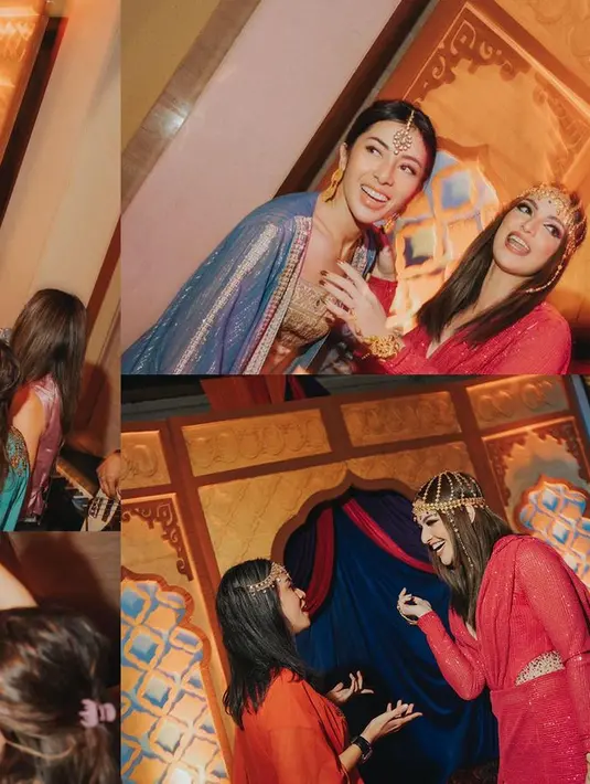 Pesona kecantikan Nia Ramadhani pun semakin terpancar saat ia bersama teman-temannya. Dengan riasan mata yang intens dan rambut lurus khas Cleopatra.  [Foto: @ramadhaniabakrie]