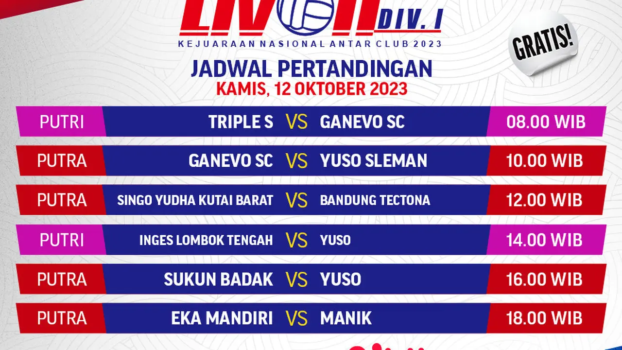 Jadwal dan Live Streaming Livoli Divisi 1 2023 12 Oktober di Vidio