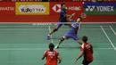 Pasangan Liliyana Natsir dan Tontowi Ahmad, saat melawan Riky Widianto dan Masita Mahmudin pada laga Indonesia Masters 2018 di Istora Senayan, Selasa (23/1/2018). Liliana/Tontowi menang 23-21 dan 21-17 atas Riky/Masita. (Bola.com/M Iqbal Ichsan)