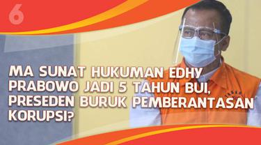 Mantan Menteri Kelautan dan Perikian Edhy Prabowo dapat keringanan hukuman dari Mahkamah Agung terkait kasus korupsinya. Lama hukuman penjara Edhy dikurangi jadi 5 tahun.