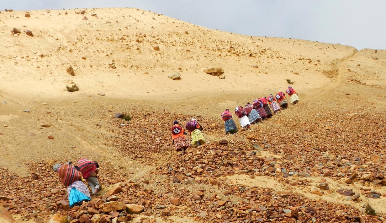 Dua belas perempuan pribumi Aymara mendaki gunung Illimani, di La Paz, Bolivia, (16/4). Perempuan suku Aymara yang berprofesi sebagai tukang masak dan angkut barang atau porter ini selalu mengenakan pakaian tradisional. (REUTERS/David Mercado)
