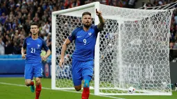 Ekspresi striker Prancis, Olivier Giroud, setelah mencetak gol ke gawang Islandia pada laga perempat final Piala Eropa 2016 di Stade de France, Paris, Senin (4/7/2016) dini hari WIB. (Reuters/Darren Staples)