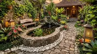 6 Desain Taman Depan Rumah dengan Kolam Ikan, Batu Koral Putih, dan Lampu Taman Minimalis