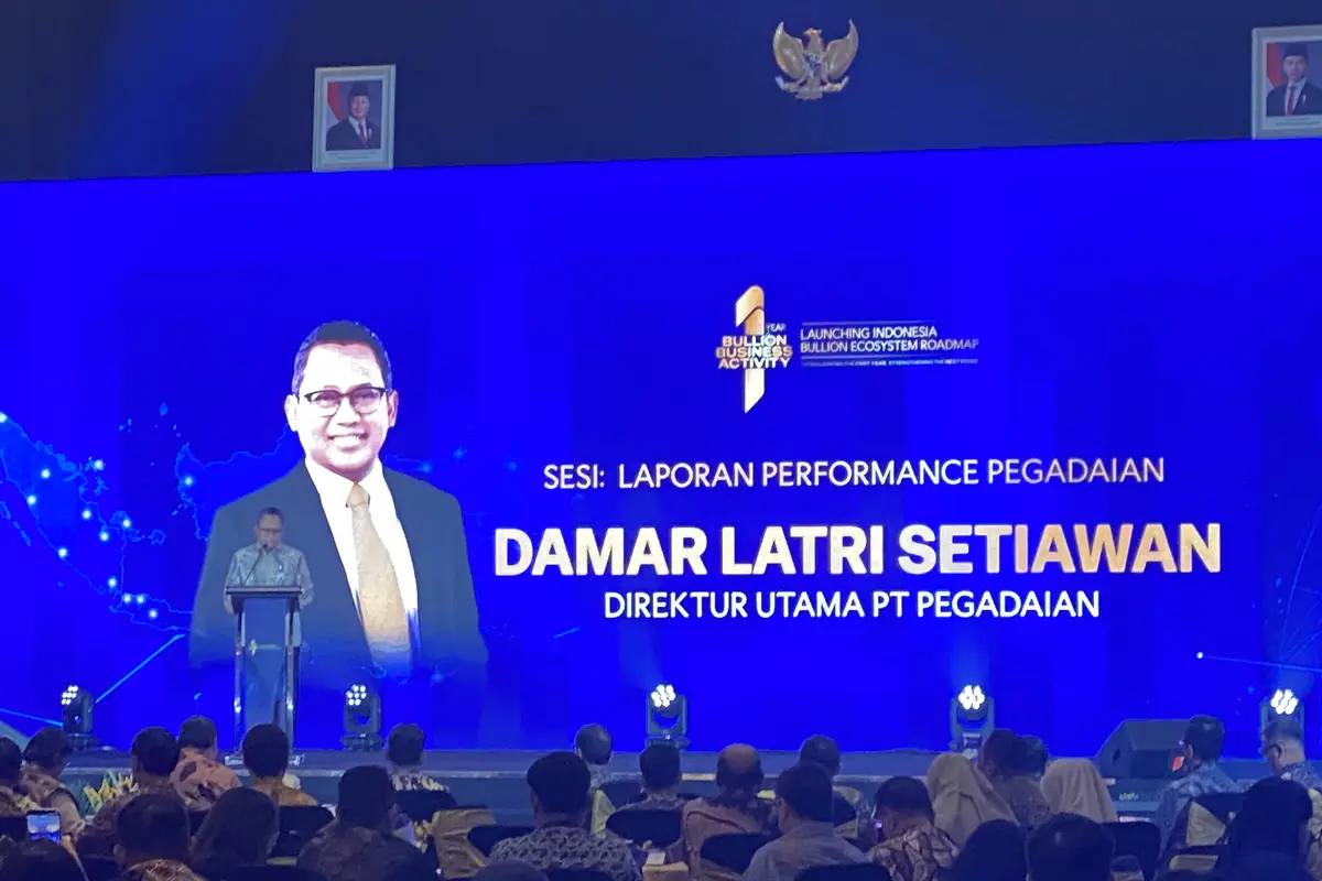 Direktur Utama Pegadaian Damar Latri Setiawandalam acara One Year Bullion Bussines Activity, Jumat (6/3/2026). (Liputan6.com/Christian)