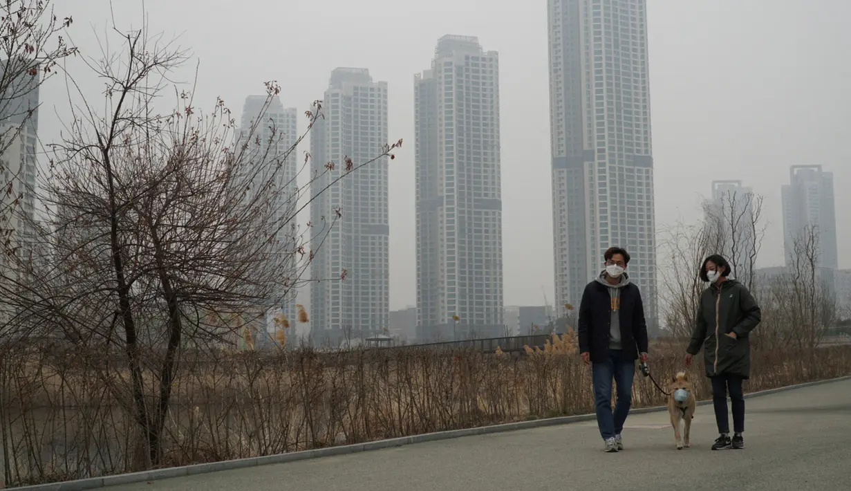 Warga dan anjingya memakai masker saat jalan-jalan akibat polusi udara yang menyelimuti Seoul, Korea Selatan, 15 Maret 2019. Tujuh kota besar di Korea Selatan menderita konsentrasi tinggi partikel PM 2,5 yang berbahaya. (REUTERS/Hyun Young Yi)