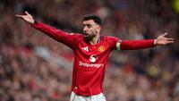 Bruno Fernandes dari Manchester United bereaksi selama pertandingan Liga Inggris antara Manchester United dan Fulham di Manchester, Inggris, Minggu, 1 Februari 2026. (AP Photo/Dave Thompson)