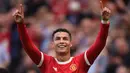 Cristiano Ronaldo langsung memberikan efek luar biasa untuk Manchester United. Tampil perdana pada momen comeback, ia langsung mencetak dua gol saat melibas Newcastle United 4-1. (Foto: AFP/Oli Scarff)