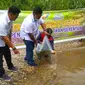 Pelepasan bibit ikan di sungai oleh PTPN V untuk menjaga ekosistem perairan di Riau. (Liputan6.com/M Syukur)