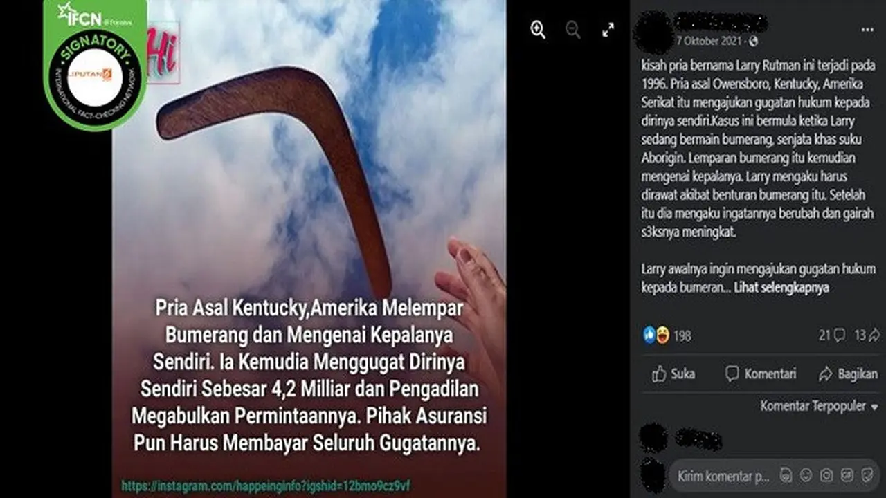 Gambar Tangkapan Layar Kisah tentang Seorang Pria asal Kentucky, Amerika Serikat yang Menggugat Dirinya Sendiri Rp 4,2 miliar dan Dikabulkan Pengadilan (sumber: Facebook).