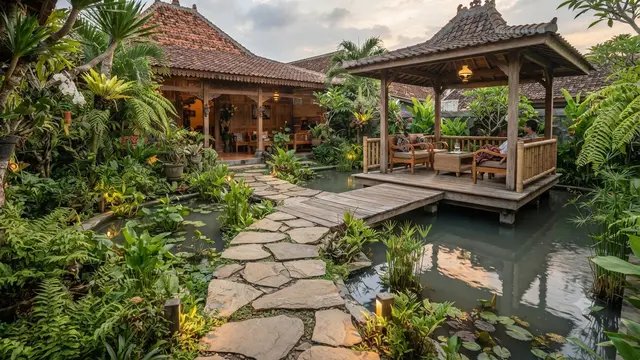 Model Dek Kayu Mini di Atas Kolam, Solusi Cantik untuk Ruang Santai Outdoor desain dengan Jalur Pijakan