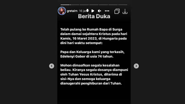 Ayah Mendiang Laura Anna Meninggal Dunia di Hungaria, Greta Irene: Sekarang Sudah Bersama Lagi di Sana