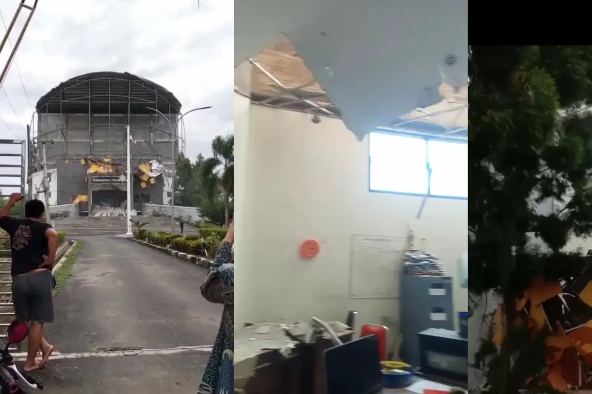 Tangkapan layar rekaman video amatir dari warga memperlihatkan kondisi sebagian atap Gedung DPRD Kabupaten Pesawaran ambruk. Foto : (Istimewa).