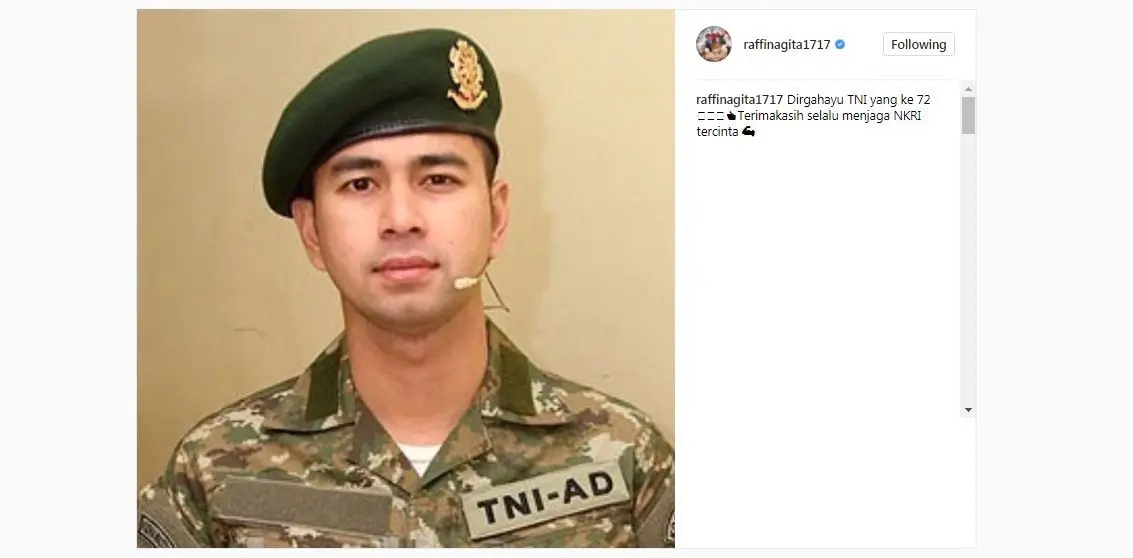 Raffi Ahmad kenakan seragam TNI.