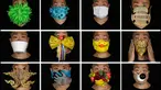 Foto kombinasi memperlihatkan Edmond Kok, seorang desainer kostum teater dan aktor Hong Kong, mengenakan berbagai masker berdesain unik yang dibuatnya untuk melindungi diri dari virus corona di Hong Kong pada 6 Agustus 2020. (AP Photo/Vincent Yu)