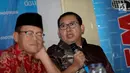 Wakil Ketua DPR Fadli Zon (kanan) memberikan paparan dalam diskusi polemik di Jakarta, Sabtu (15/7). Dalam kesempatana itu Fadli Zon menjelaskan, dalam menerbitkan Perppu harus memenuhi unsur kegentingan yang memaksa. (Liputan6.com/Faizal Fanani)