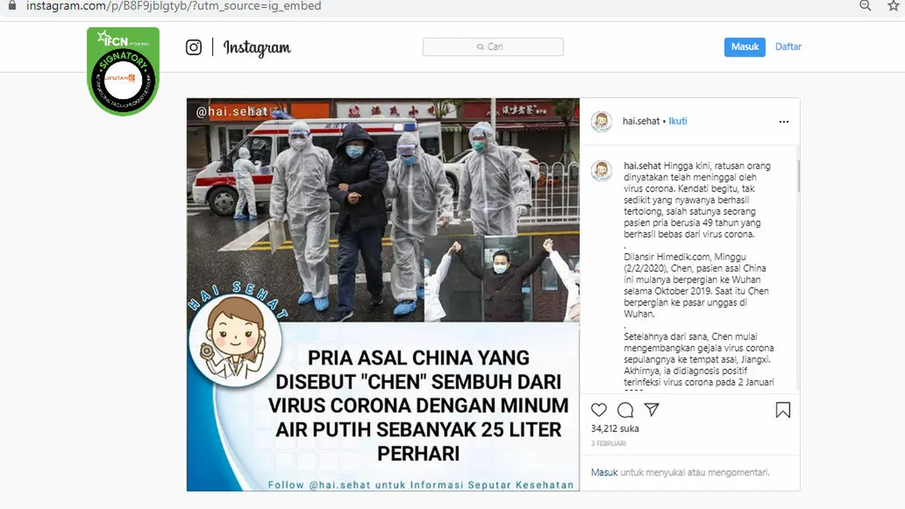 Cek Fakta: Minum Air Putih 25 Liter per Hari, Pria Asal China Sembuh dari Virus Corona?