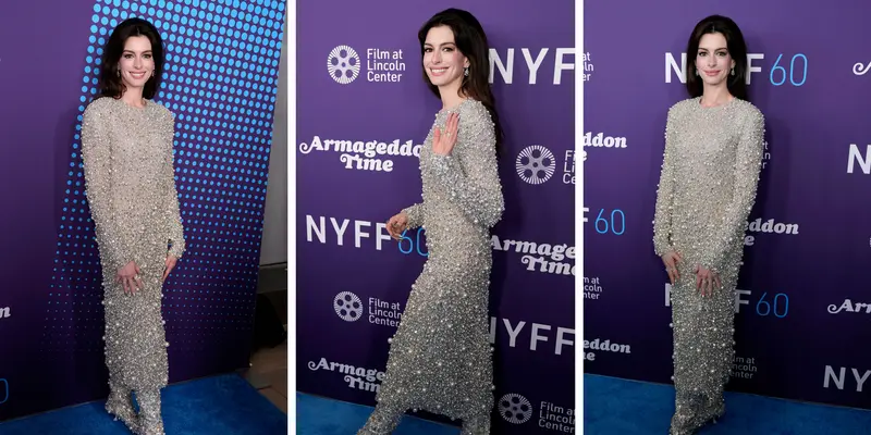 Anne Hathaway Tampil Memesona Kenakan Gaun Perak di New York Film Festival