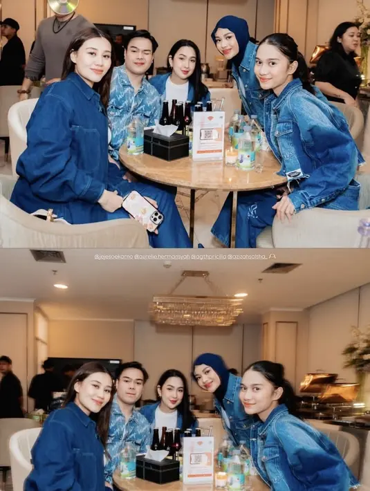 Aaliyah Massaid hadir dengan denim on denim mengenakan atasan jaket dipadukan celana denim panjangnya. Agatha Pricilla mengenakan jaket denim dipadukan inner kaos putih. [@aaliyah.massaid]