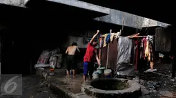 Warga mengambil air di sumur disamping tempat huniannya di kolong jembatan Penjagalan, Penjaringan, Jakarta, Kamis (13/8/2015). Mahalnya biaya hidup dan sewa layak di Jakarta membuat mereka terpaksa tinggal di kolong jembatan. (Liputan6.com/Johan Tallo)