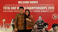Pasangan Pebulutangkis Susi Susanti dan Alan Budi Kusuma hadir dalam acara Welcome Dinner penyambutan Kejuaraan Dunia Bulutangkis 2015 di Gedung Balai Kota, Jakarta, Sabtu (8/8/2015).(Liputan6.com/JohanTallo)
