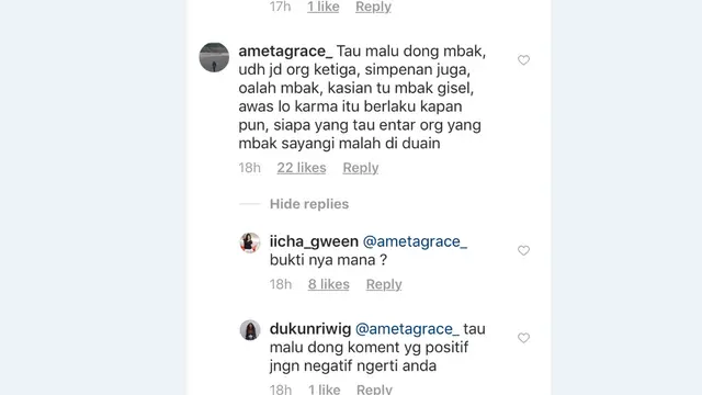 Icha Gween membalas komentar seorang warganet yang menuduhnya menjadi orang ketiga rumah tangga Gading dan Gisel (Instagram/ @iicha_gween)