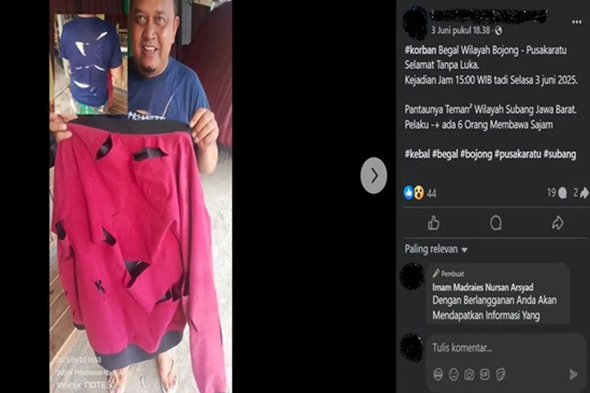 Gambar tangkapan layar kabar tentang seorang pria menjadi korban begal di Subang, Jawa Barat pada 3 Juni 2025. (sumber: Facebook)