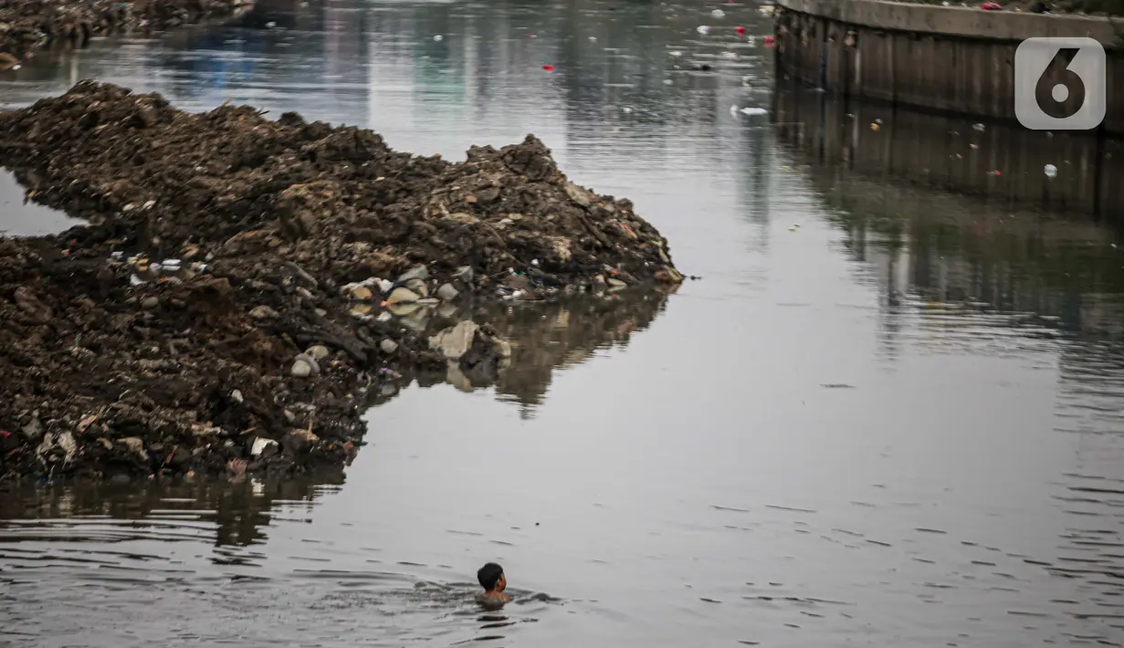 Anak-anak bermain di Sungai Ciliwung yang surut di kawasan Bukit Duri, Jakarta, Sabtu (8/8/2020). Penyusutan debit air Sungai Ciliwung tersebut karena memasuki masa kemarau 2020 yang menurut BMKG akan mencapai puncaknya pada Agustus. (Liputan6.com/Faizal Fanani)