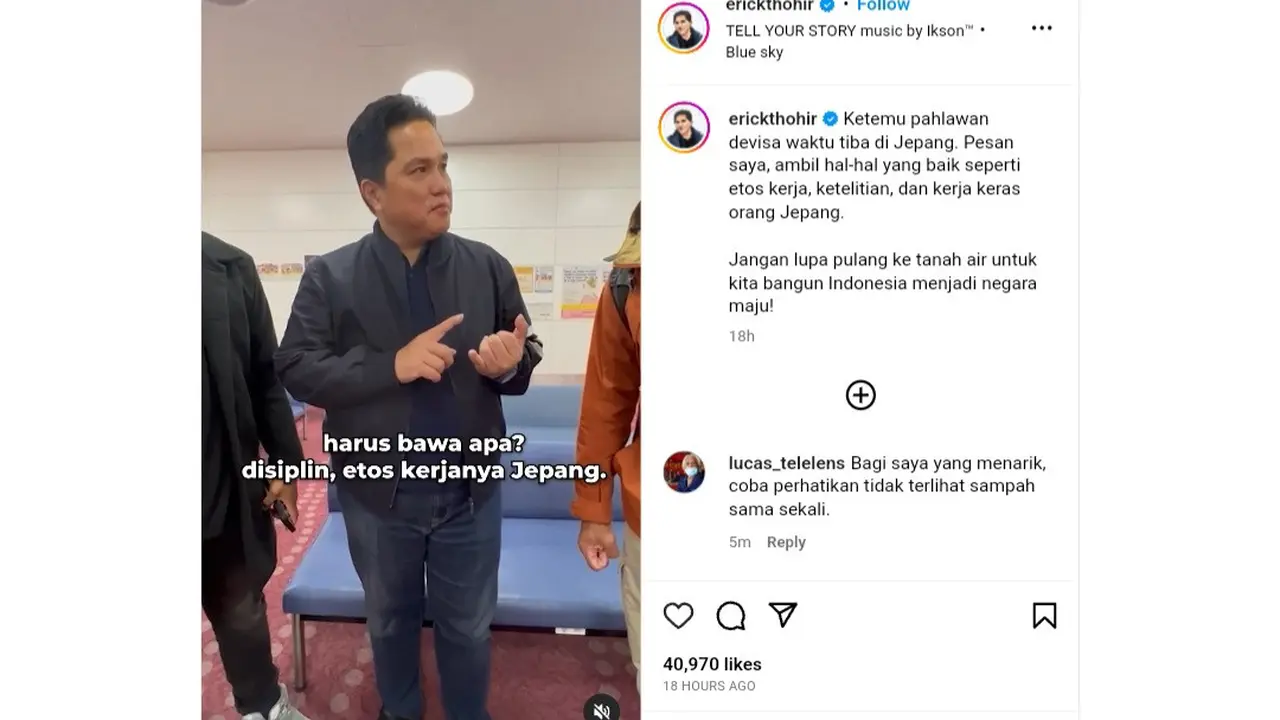 Menteri BUMN Erick Thohir tengah melawat ke Tokyo, Jepang. Setibanya di negeri sakura itu, Erick bertemu dengan pekerja migran Indonesia (PMI) di Jepang. Akun Instagram @erickthohir