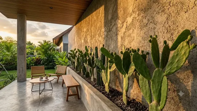 Ide Teras Rumah dengan Kaktus dan Beton Ekspos