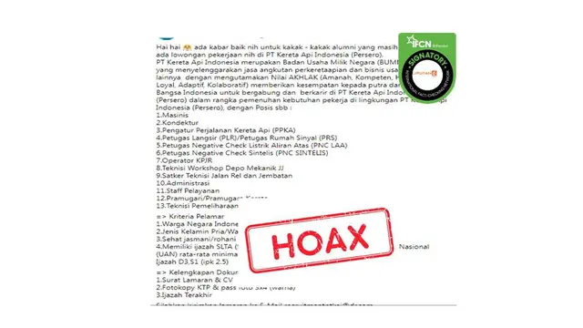 Cek Fakta lowongan PT KAI
