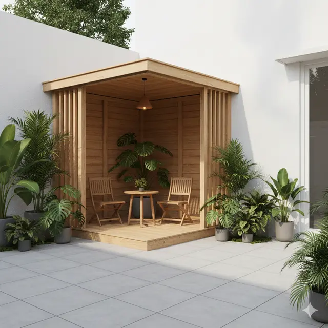 Teras Rumah 6x9 dengan Gazebo Kayu dan Tanaman Tropis (Foto: Gemini AI)
