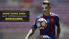 Lucas Digne tampil menggunakan masker saat diperkenalkan di hadapan publik Camp Nou. Alasannya karena ia baru saja menjalani operasi hidung